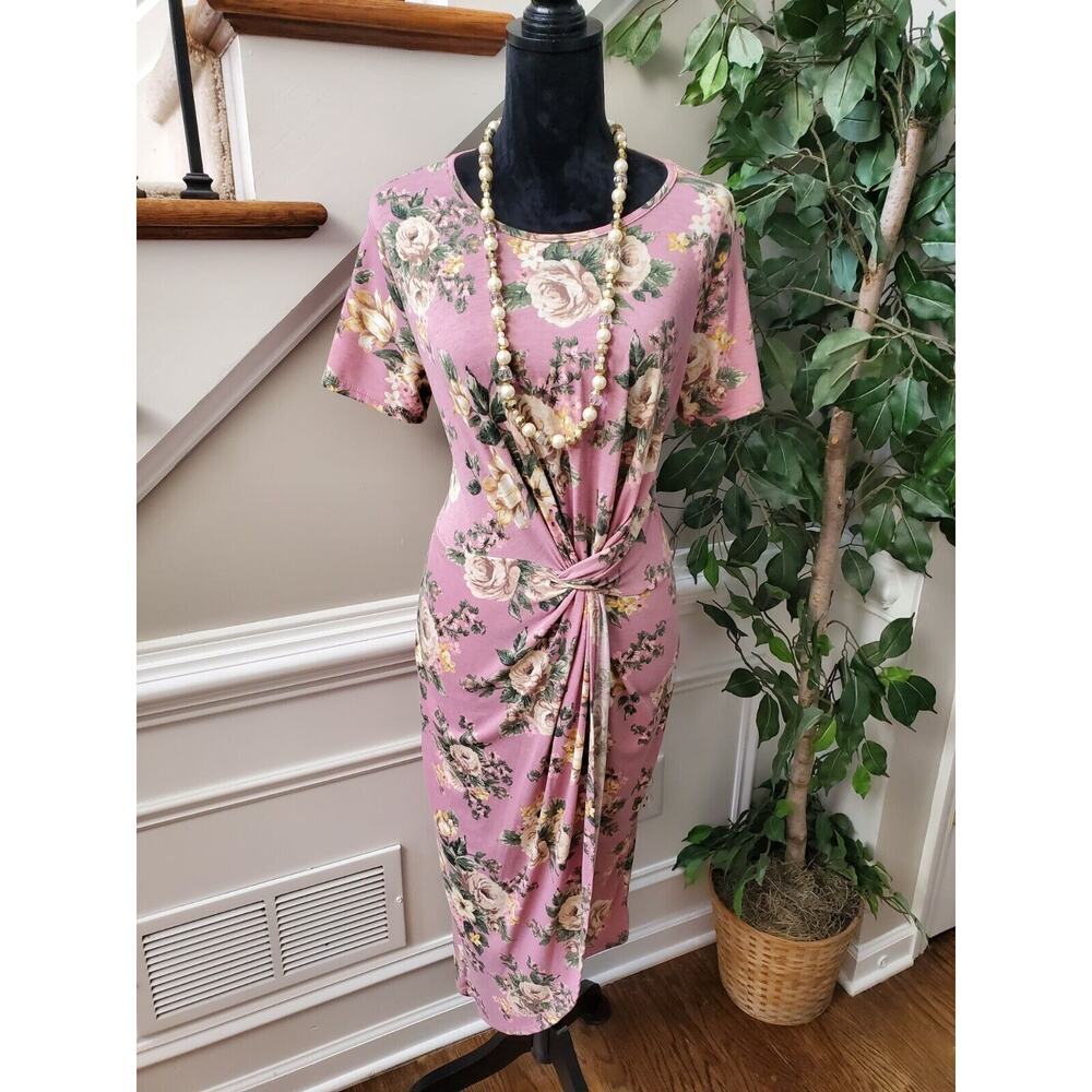 Sweet Claire Women's Pink Polyester Round Neck Half Sleeve Knee Length Dress L